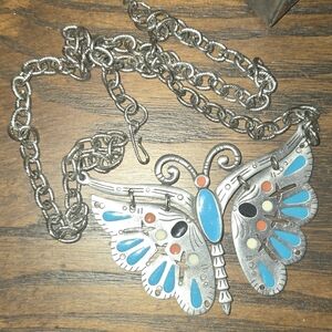 Vintage Pewter Celebrity Inlaid Enamel Butterfly Necklace Hook Clasp Closure 🦋